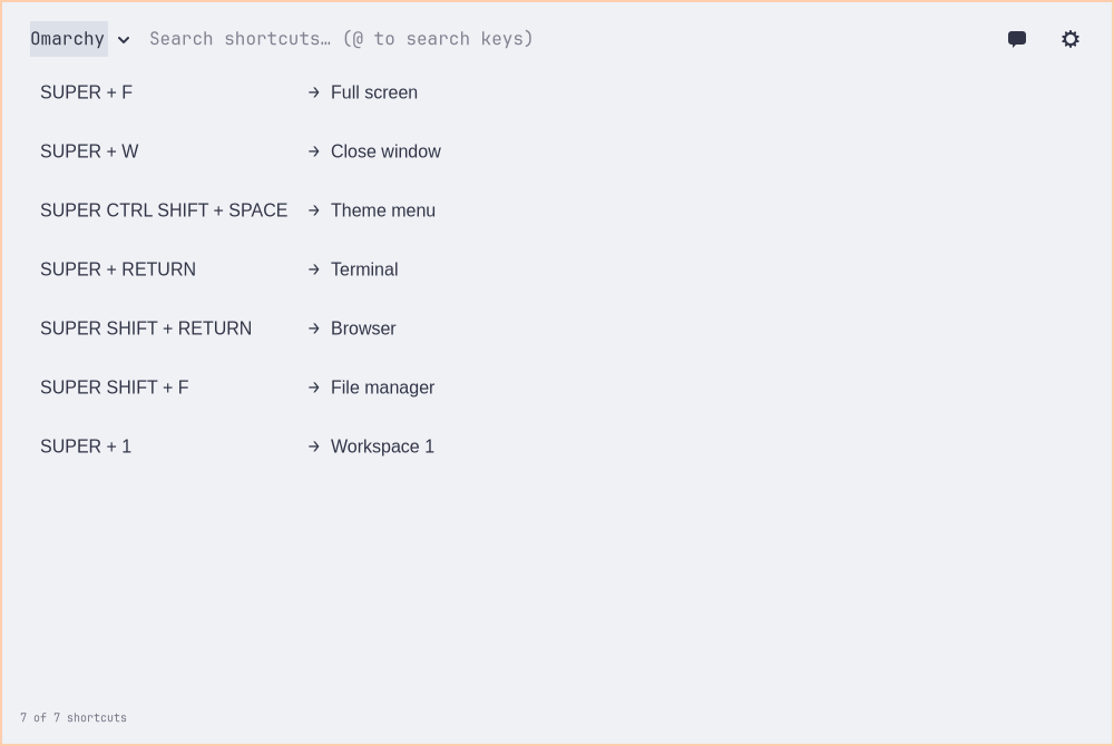 Bindlume in Square light mode showing Omarchy desktop shortcuts